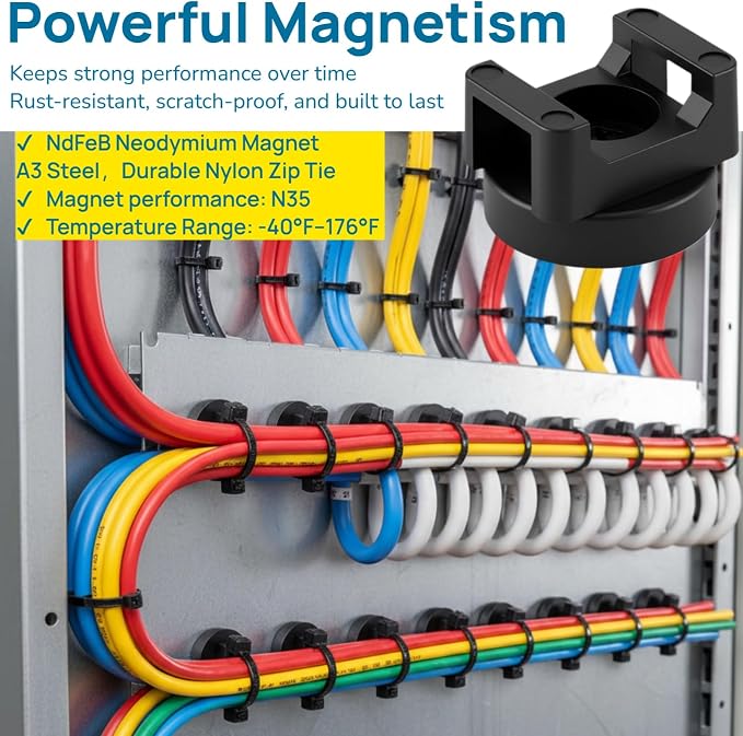 225-Pc Magnetic Cable Ties Set,Magnetic Zip Tie Mounts & Cable Ties | Magnetic Wire Holder, 25 Magnetic Cable Holders & 200 Zip Ties, Magnet Cable Tie Mounts for Cables, Wires, Cords, Hoses-22 mm