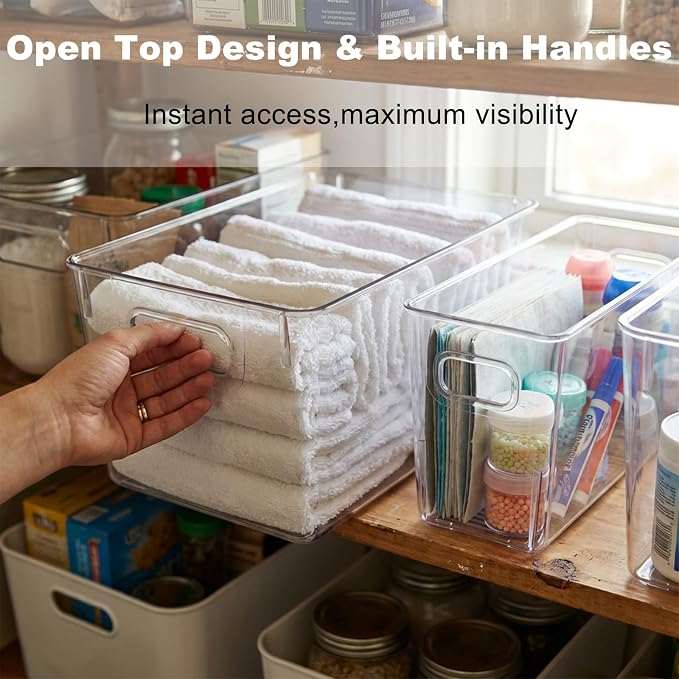 MOONEDGE 10 Pack Clear Plastic Storage Organizer Bins, 4 Large & 6 Narrow | Under-Sink Storage Containers, Kitchen, Pantry, Bathroom, Cabinet Organization, Clear Bins for Organizing, Deep Narrow Bins