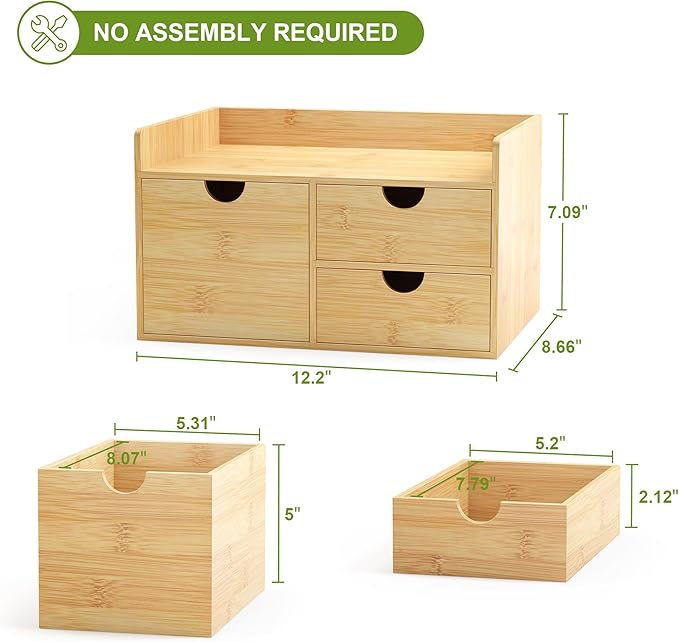 Bamboo Desk Organizer with Drawers, Desktop Storage for Office Supplies | 3 Drawers Desktop organizer, No Assembly Required, Natural Wood Wooden Desktop Drawers Box for Bills, Cosmetics, Seals, Paper