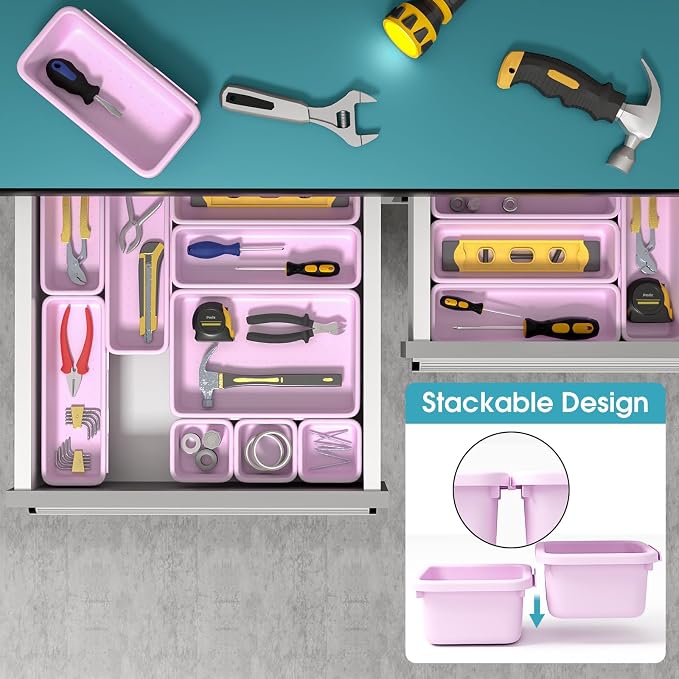 33 PCS Drawer Organizer Set, 4 Size Makeup Drawer Divider Organizer With Non-Slip Pads, Interlocking Plastic Storage Bins for Office,Jewelry Vanity,Gadgets, Bathroom,Kitchen, Purple