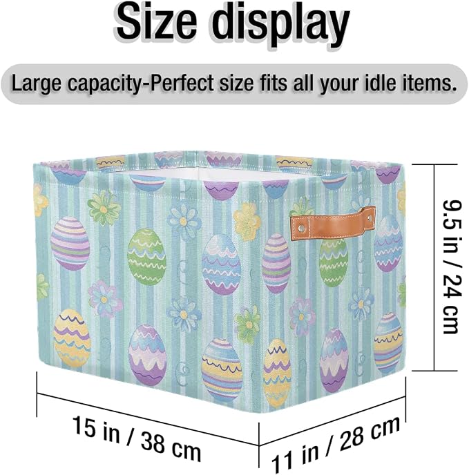 Rectangular Storage Bins Easter Egg Flower Stripes Collapsible Fabric Storage Basket Organizer with Handles for Nursery Bedroom Bathroom