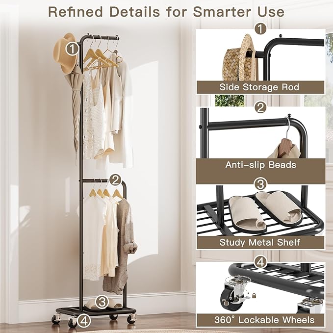 Small Rolling Clothing Rack with Shelf, Narrow Clothes Rack with Wheels | Gasvadivum 71" Tall Sturdy Metal Garment Rack with Hanging Rod, Freestanding Portable Coat Rack for Bedroom, Entryway, Black
