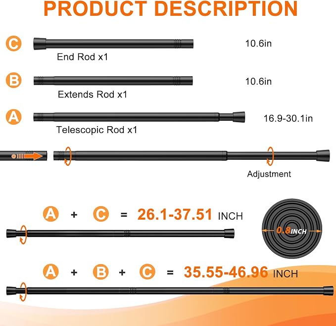 1Pack Tension Curtain Rod 26 to 46 Inch No Drilling Adjustable Spring Loaded Curtain Rods for Window Doorway Closet, Black