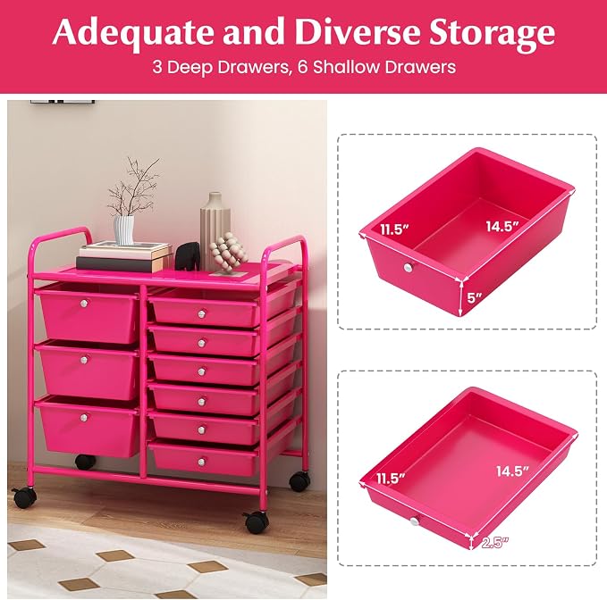 RELAX4LIFE 9 Drawer Rolling Storage Cart - Mobile Drawer Carts for Craft Art Supply Paper Salon, Utility Cart on Wheels for Classroom Teacher School Office, Rolling Cart with Drawers (Hot Pink)