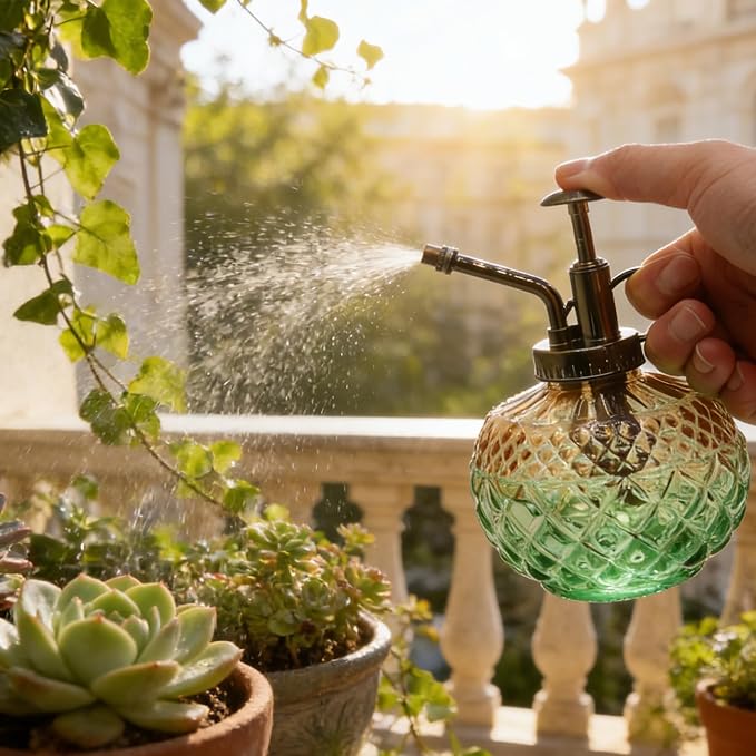 OFFIDIX Plant Mister Spray Bottle,Glass Decorative 300ML Vintage Watering Small Indoor Watering Can with Plastic Pump for Indoor Plants,Garden,Cleaning（Brown Green Gradient）