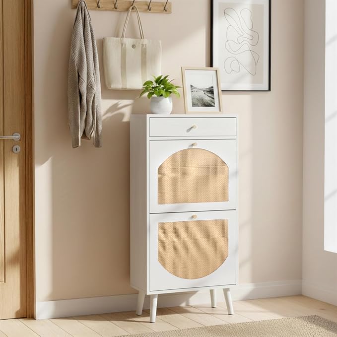 Karl home White Rattan Shoe Cabinet, 1-Drawer 2-Tilt-Out Entryway Organizer | Hidden Shoe Rack Storage with Rattan Panel for Heels, Slippers and Casual Shoes, Space Saving Entryway Storage Furniture