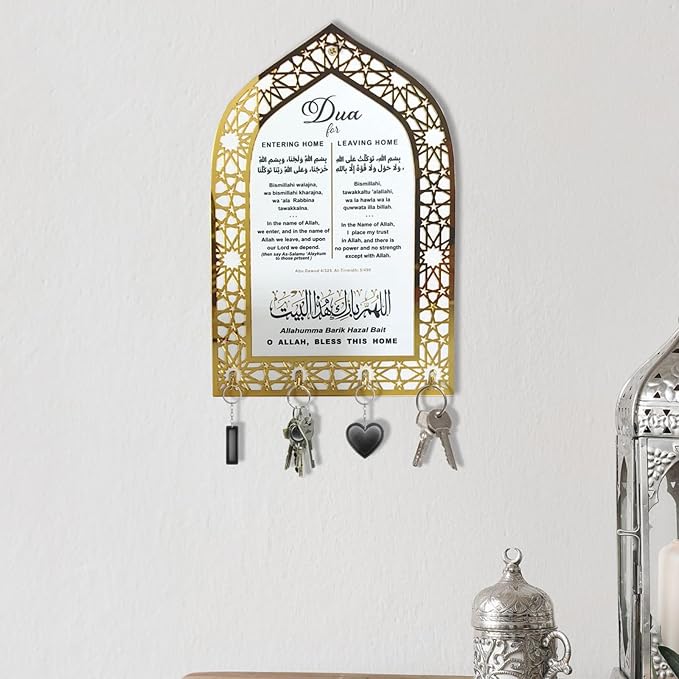 Islamic Wall Art, Acrylic Wood Wall Hanging Organizer with Hooks, Ramadan Mubarak Eid Mubarak Decor, Crescent Moon Key Holder, Islamic Home Decor for Entryway, Ramadan Eid Gifts for Women, Gold-White