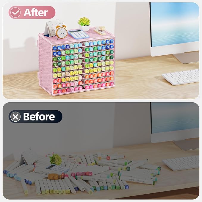 Marbrasse Mesh Marker Organizer, 9-Tier Rack Holds 126 Markers, Pink | Marker Holder, Space-saving Vertical Design, Desktop Storage for Office Classroom & Home Art Supplies