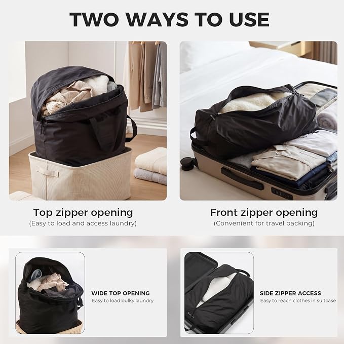 Travel Laundry Bag, Foldable Dirty Clothes Bag with Two Ways to Open, 40L Reusable Waterproof Laundry Bag, Large Capacity Travel Bag for Wet or Dirty Clothes for Travel, Camping & Storage (Black)