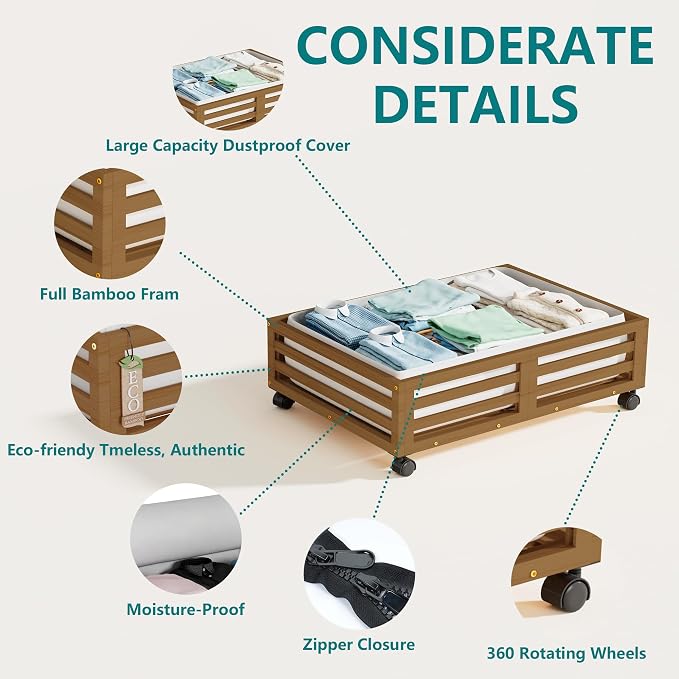 Wisuce 2 Packs Bamboo Under Bed Storage Organizer with Wheels Brown Small | 360° Lockable Wheels,120lbs Load Capacity, Multi-scene ,Dustproof Clear Storage Bag, Large Capacity,Easy Quick Assembly