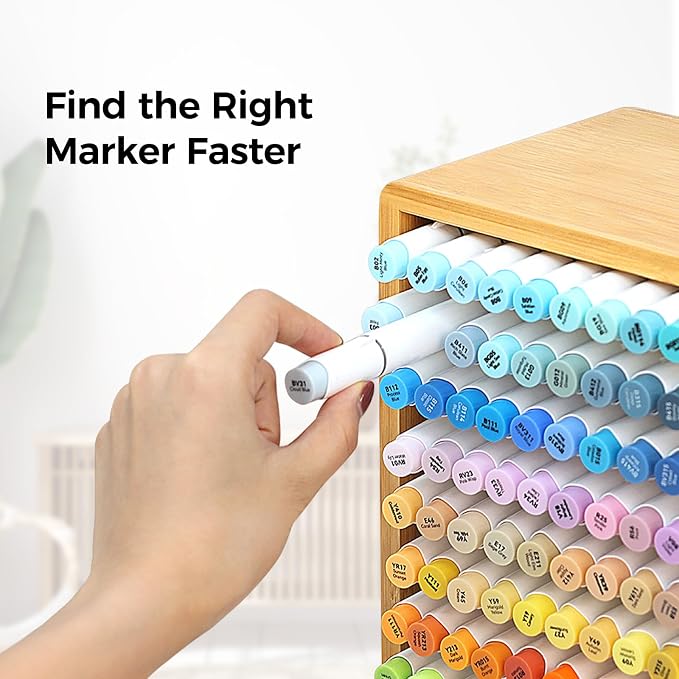 Marker Organizer For 216 Markers, Bamboo Storage Rack With Drawer | 24 Compartments And Pull-Out Drawer For Alcohol Markers, Pens, Art Supplies, Desks, And Craft Rooms