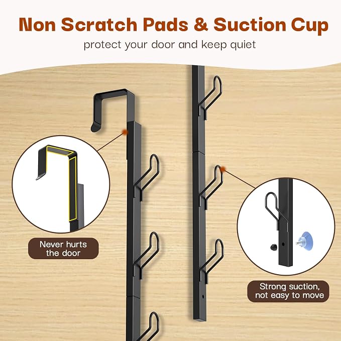 Over the Door Hooks Long with 6 Hooks, Behind the Door Towel Racks for Bathroom, Door Purse Bag Coat Robe Hanger, Hat Clothes Hanging Organizer with Non-Slip Pads & Suction Cups, 28.3 Inches, Black