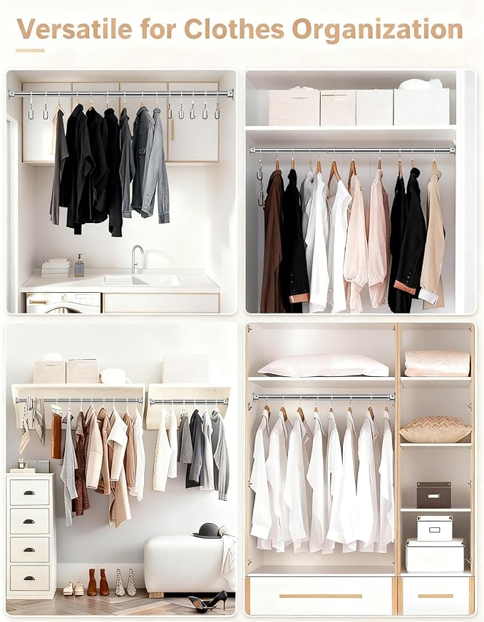 Premium Stainless Steel Closet Rod 1.0mm/1.3", Heavy Duty Adjustable Hanging Bar for Clothes Organization, No-Splice 1-Piece Telescoping Design (Silver, 26.9" - 46.9")