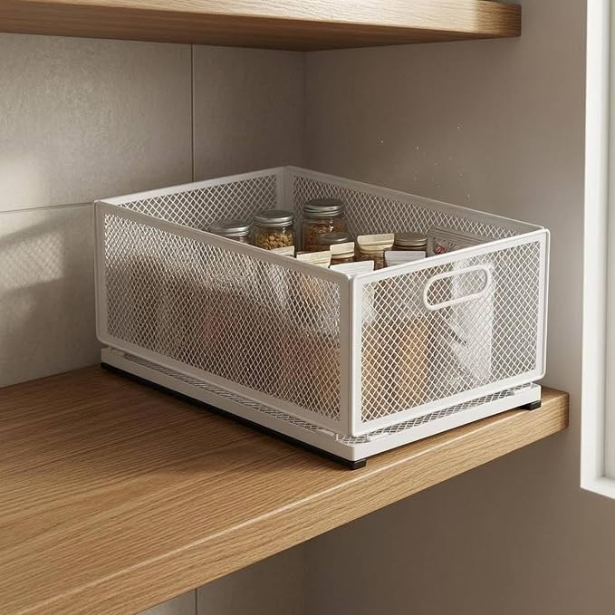 Pull-out Storage Basket Metal Frame Mesh Storage Basket Easy Access for Kitchen, Medium Storage Basket 30cm Long With Slide Rail