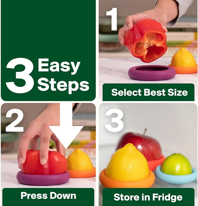 Food Huggers 5pc Reusable Silicone Food Savers | BPA Free | Plastic Free Food Storage | Dishwasher Safe | Fruit & Vegetable Produce Storage for Onion, Tomato, Lemon, Banana & Cans | Round, Sage Green