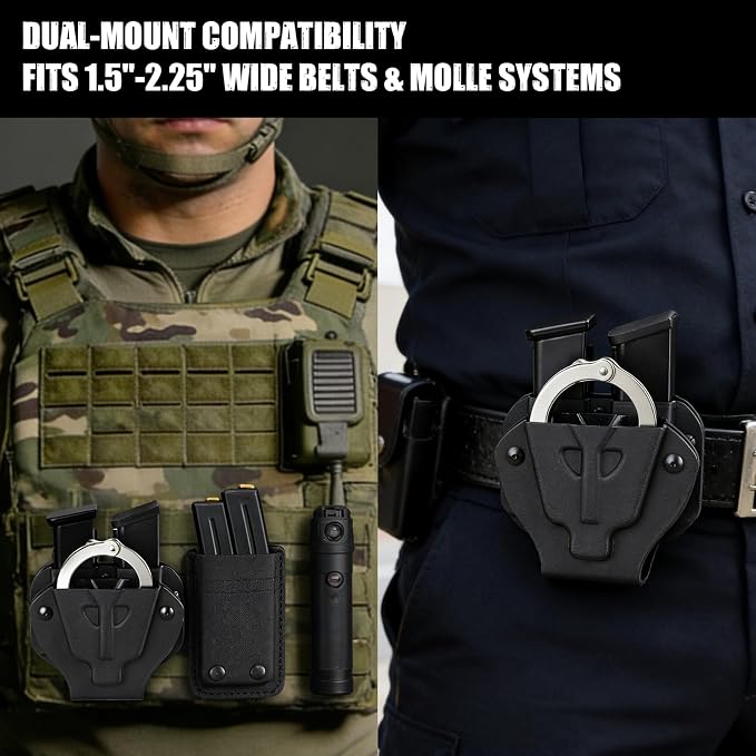 Kydex Handcuff Magazine Combo Holster, Fits 9mm .40 .45 Mags, Belt MOLLE | Compatible with S&W Model 100/ASP/Peerless chained handcuffs; 2-in-1 design saves belt space with secure gear organization