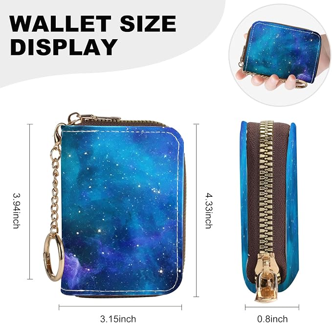 Credit Card Holder for Women,Small Rfid Wallet with Keychain Zipper,Cute PU Leather Card Case Wallet，Accordion Credit Card Wallets Gift,Blue Starry Sky C