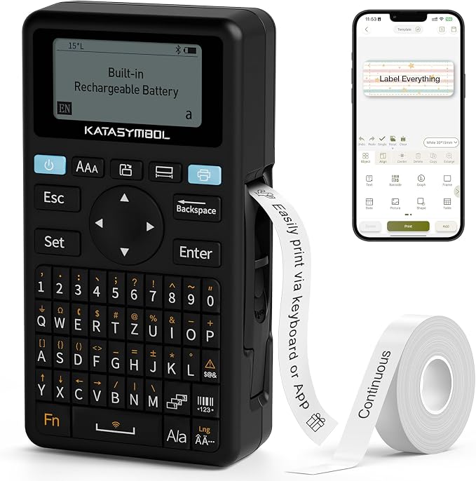 SUPVAN E11 Keyboard & Bluetooth Label Maker Machine with Tape, Black | Rechargeable, Versatile App with 30+ Fonts and 660+ Icons, Minimal Margin, Inkless, for School, Home, Kitchen, Office