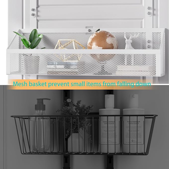 12-Hook Over Door Organizer with 2 Mesh Baskets Space-Saving 2-Tier Hanging Rack for Towels, Coats & Pantry Items, Heavy Duty Metal Storage for Bathroom, Kitchen & Bedroom, White