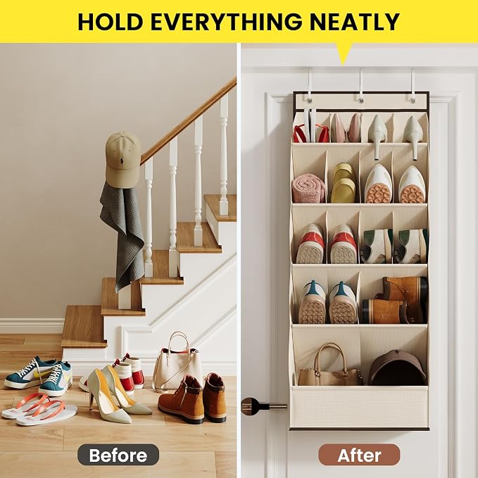 Mefirt Over the Door Shoe Rack for Closet Fit 18+ Pairs, Door Shoe Organizer with Large Breathable Pockets, Hanging Shoes Rack Fit Boots, Behind the Door Shoe Holder for Categorized Storage, Beige ﻿