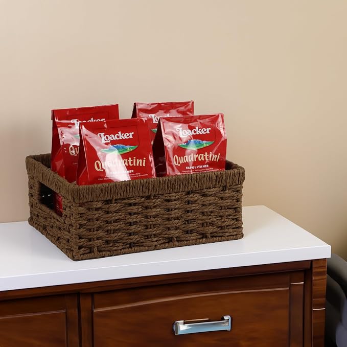 Wicker Baskets, Baskets for Organizing, Rattan Woven Basket for Storage, Organizer Bins with Built-in Handles, Storage Basket for Shelves (Paper Rope, Small)