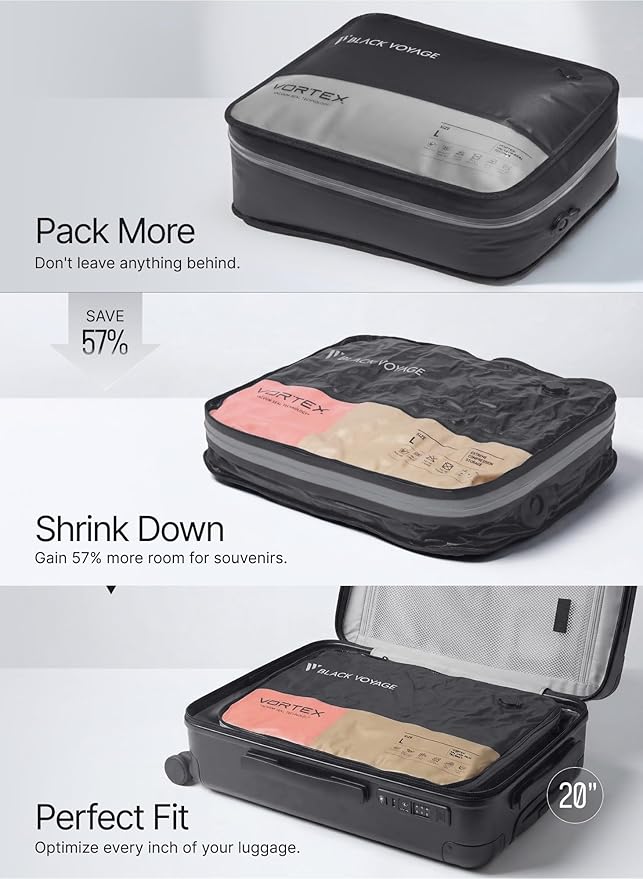 Black Voyage Reusable Vacuum Compression Travel Bag for Carry-On Suitcase and Backpack, Recycled IP67 Waterproof Space Saver Vacpack (2-Pack, 41L - No Pump)
