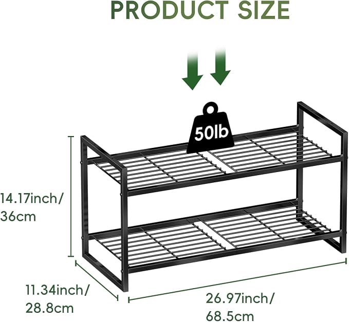 2 Tier Shoe Rack for Closet, 27 Inch Long Square Shoe Storage Organizer for Shelves, Heavy Duty Metal, Easy Assembly Stackable, Black