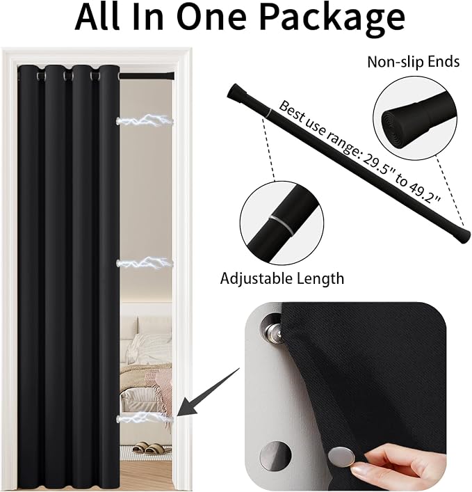 Vatge Magnetic Door Curtain with Rod - W52 x L78, 1 Panel, Black | Thermal Insulated Blackout Curtain for Room Darkening, Room Divider