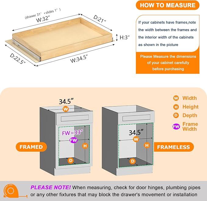 Pull Out Cabinet Organizer, 32" W x 21" D | Soft Close Pull Out Drawers for Cabinets with Heavy Duty Slides, Wood Slide Out Drawers for Kitchen Cabinets
