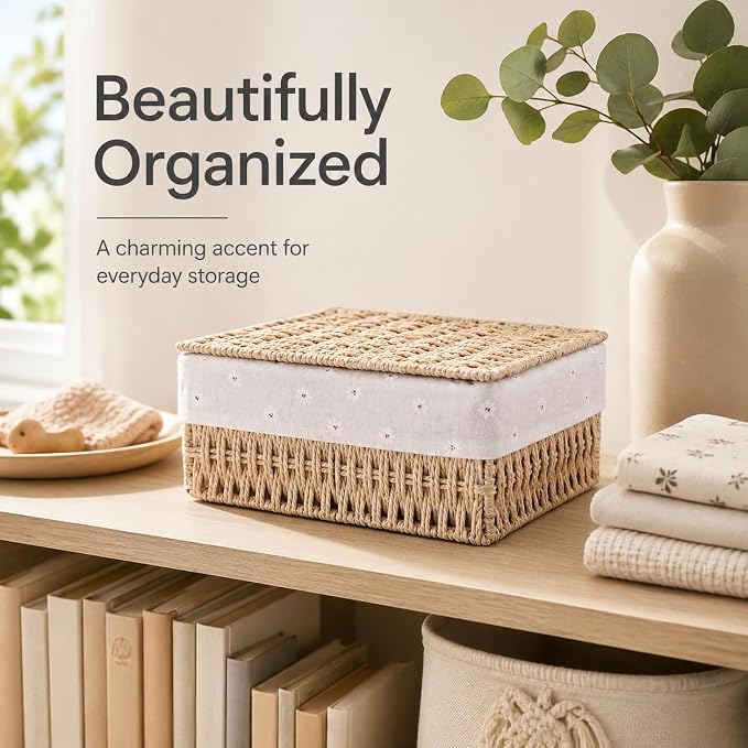 1PC Woven Storage Basket with Lid for Shelf-Khaki Medium | Bathroom, Closet & Shelf Storage Basket, Sewing & Towel Basket, Blanket & Toy Storage, Woven Basket with Liner