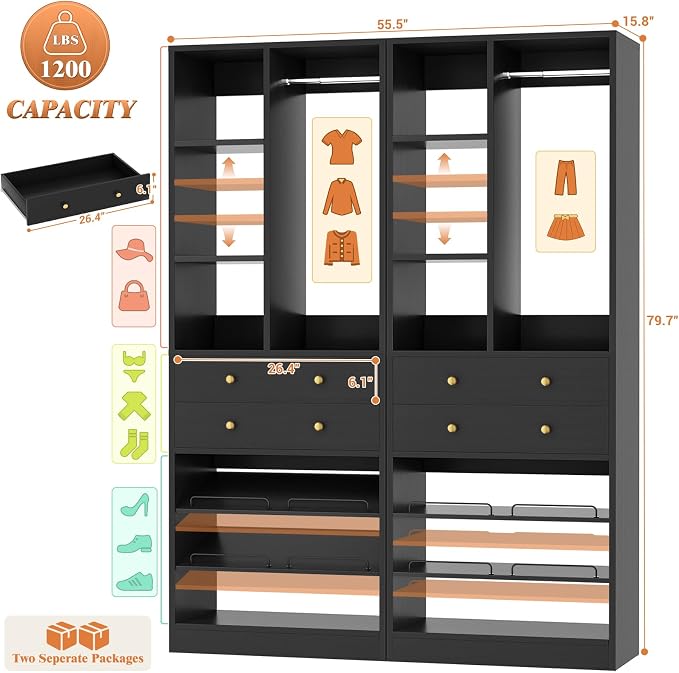 Besiost Closet System, 55.5"/4.6 FT Closet Organizer System with Drawers and Shelves, Walk-in Closets Systems for Small Closets, Free Standing Reach in Closet Tower, Load 1200+LBS, Black 2 Pack
