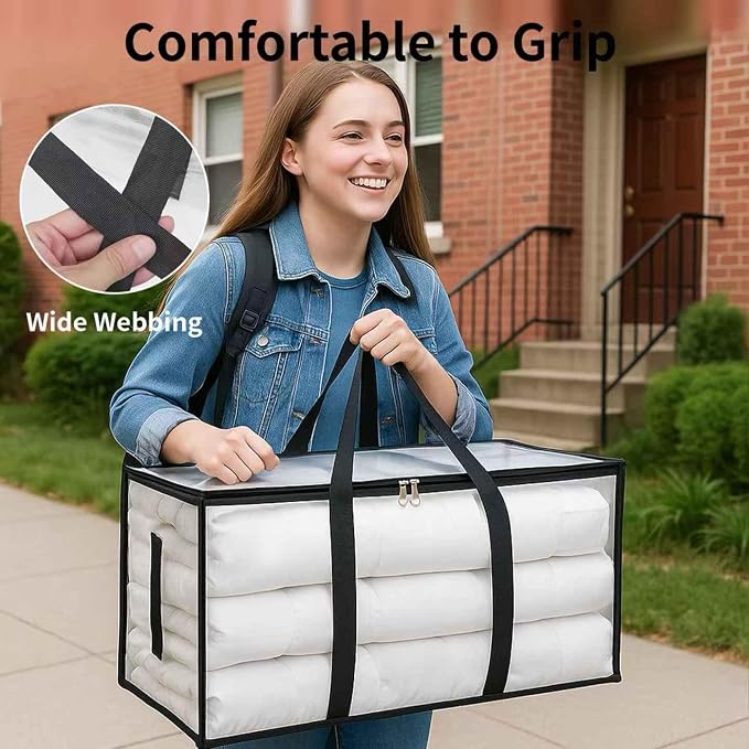 4 Pack-Extra Large Heavy Duty Moving Bags - Waterproof Storage Totes with Handles & Zippers, Foldable for College Dorm, Storage (Clear)