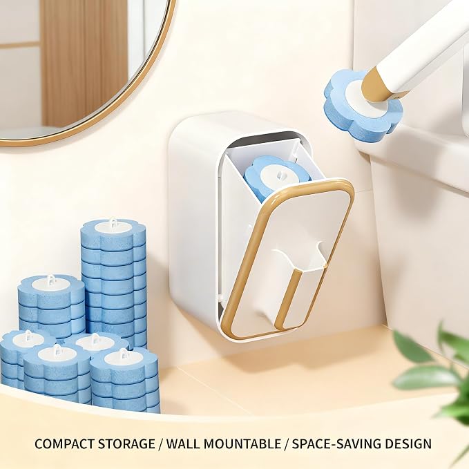 Disposable Toilet Brush with 48 Refills Holder Wall Mount Scrub kit | Built-in cleaner, Ergonomic wand, Long handle, No wash,Click-discard, 2x Adhesive Sheet