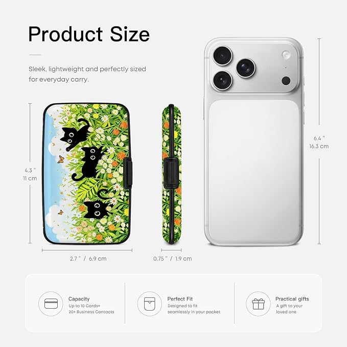 Credit Card Holder RFID Aluminum card case Flower Cats mini Wallet Women | ABS Business ID Case,Hard Case Large Capacity 6 Slots, Waterproof Durable Secure Closure Slim Small Credit Card Protector