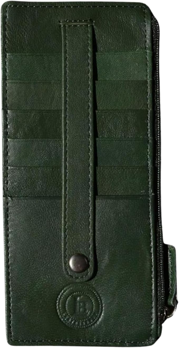 Leatherboss Genuine Leather Women's All in One Credit Business Card Case Holder Slim Zipper Wallet With a Card Protection Strap, Teal Green