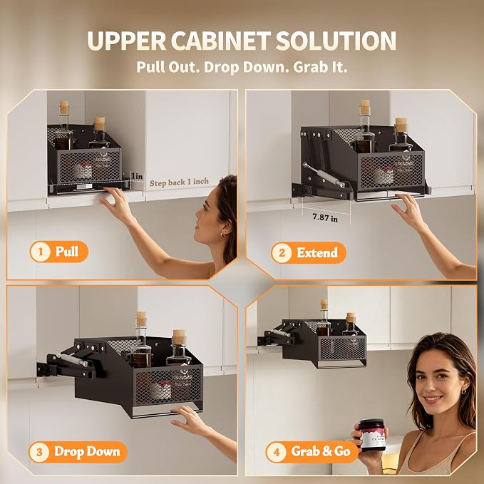 HOUSE AGAIN Pull-Down Cabinet Organizer for High/Deep Cabinets, Drop Down Spice Rack, 12.6" Out & 1.8" Down, Dual Install (Screw/3M Tape), Fits Frameless, for Spices, Snacks and Small Bottles (Black)