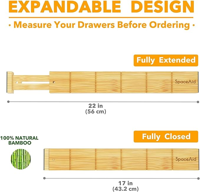 Kitchen Drawer Dividers 4-Pack – Bamboo Adjustable Expandable Drawer Organizer with Inserts, Spring Loaded Drawer Separators for Utensils, Silverware, Dressers & Bathroom Organization