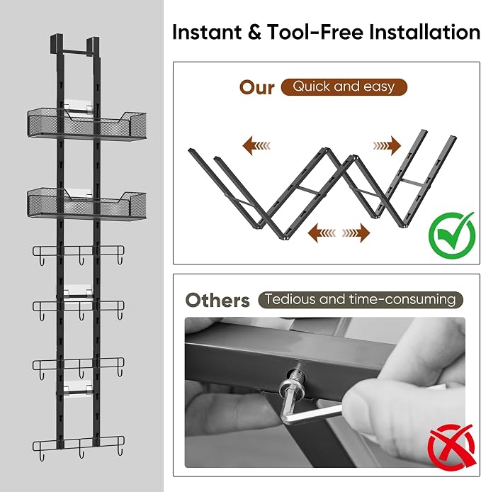 Over The Door Purse Organizer, Easy Installation Handbag Rack (Black) | No-Tool Setup | Foldable Space Saver | 12 Adjustable Metal Hooks | Dual Basket Storage | Stable Anti-Tilt Design | Bag Hanger