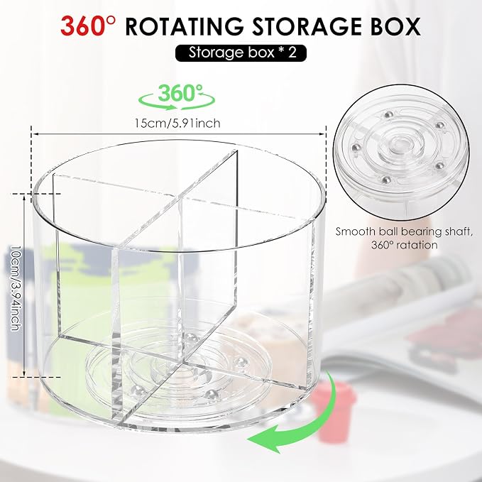 2PCS Rotating Drink Packet Organizer, BPA-Free Clear PET Leakproof Lazy Susan with 4 Compartments, 360° Silent Spinning Storage for Tea/Coffee/Sugar Packets - Pantry/Fridge/Countertop/Office