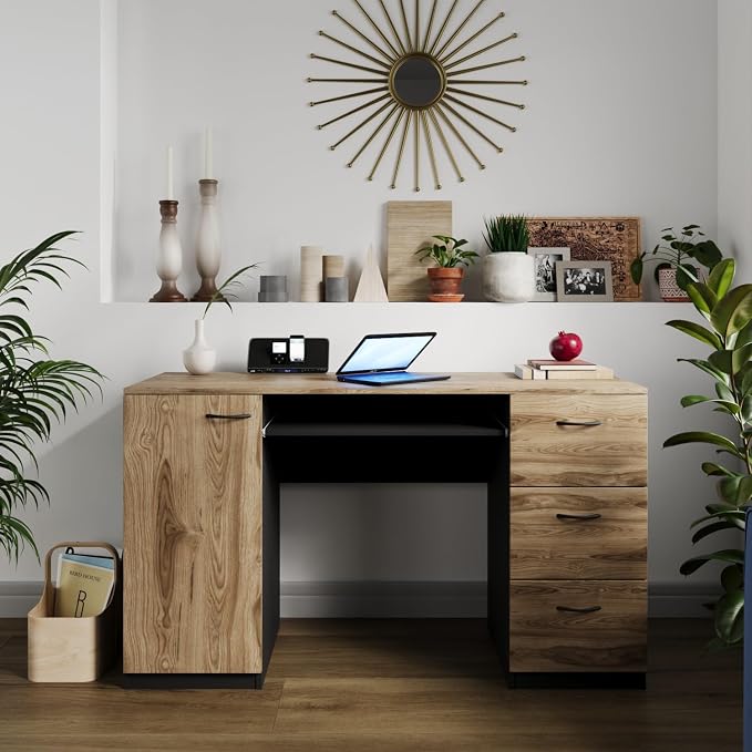 Modern Computer Desk with 3 Drawers & Storage Cabinet – Small Office Desk with Slide-Out Keyboard Tray – Professional Home Office Desk & Small Work Desk for Writing (Pine & Light Gray)