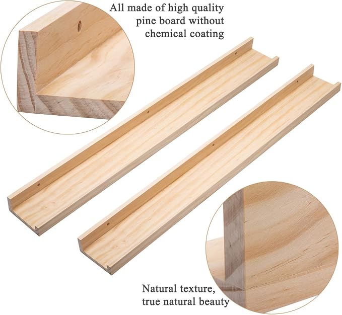 AZSKY Picture Ledge Long Floating Wall Shelf 48 Inch Photo Ledge Display Floating Shelves Wall Mounted Shelves Home Decor Nursery Bookshelf Natural Wood Set of 2