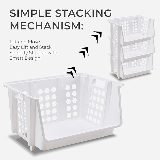 Skywin TidyFriend Medium Stackable Storage Bins for Pantry - 4 Pack, Stackable Bins For Organizing Food, Kitchen, and Bathroom Essentials (White)