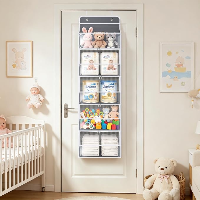 Univivi Over the Door Organizer for Baby Essential, 5-shelf, Light Gray | Fabric Baby Door Organizer, Large Compartments and Mesh Side Pockets, Storage for Baby Nursery, Laundry, Bedroom and Bathroom