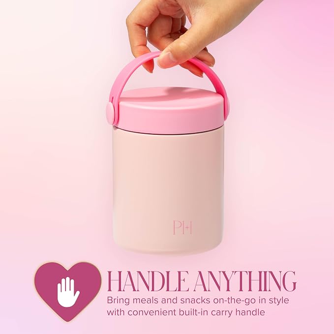 Paris Hilton Insulated Food Jar, Stainless Steel Vacuum Insulated Food Container with Folding Carry Handle, Leak-Proof Lid, 15-Ounce, Pink