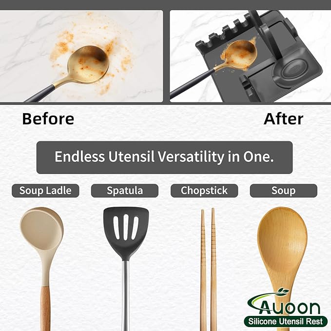 Auoon Silicone Spoon Rest with Lid Holder, 3-in-1 Kitchen Utensil Rest for Soup Ladles, Pot Lids, Spatulas, Spoons, Tongs, BPA Free & Dishwasher Safe, 8.26 x 8.06 Inch (Gray, Large)