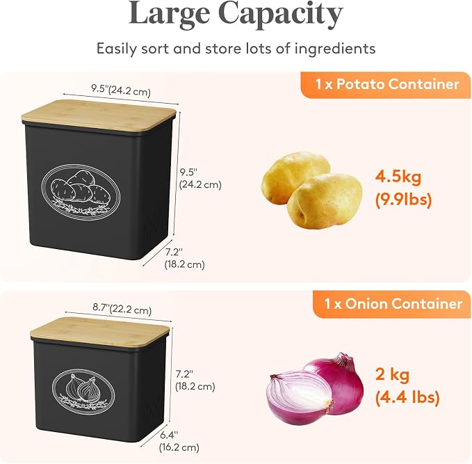 Lifewit Plastic Potato and Onion Storage Bin Box, Set of 2, Black | Stackable Garlic Keeper, Vegetable Container Box, Aerating Holes & Lid for Pantry Countertop