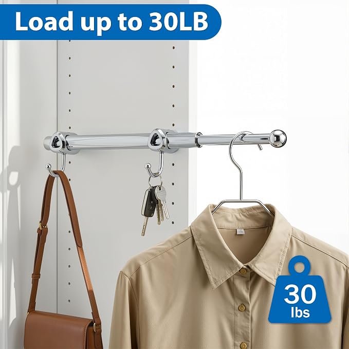 Valet Rod for Closet Pull Out with Hooks, Easy To Install (Chrome, 12 Inch)