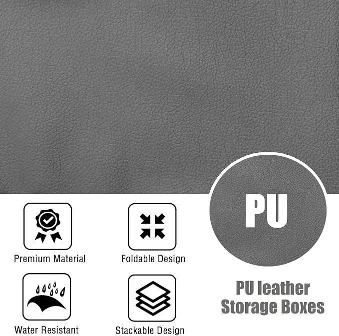 Storage Bins with Zipper Lid PU leather Storage Boxes Leather Fabric Collapsible Lidded Baskets Cube with Handle Decorative Shelves Closet Office Organizer Container(Dark Gray, Large Size)