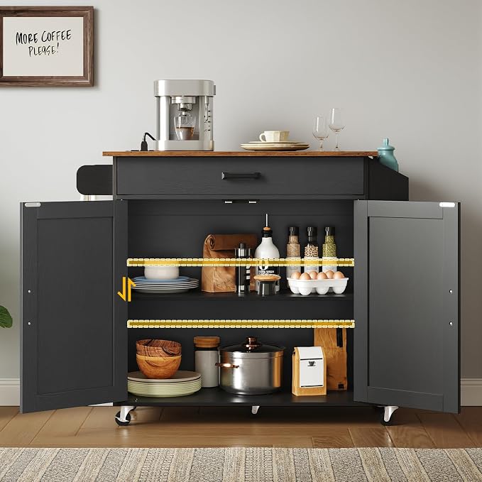 HOOBRO Kitchen Island with Drop Leaf Countertop & Power Outlet, Rolling Island Cart on Wheels, Kitchen Cart with Drawer & Spice Rack, Mobile Island Table for Kitchen, Black BF86UZD01