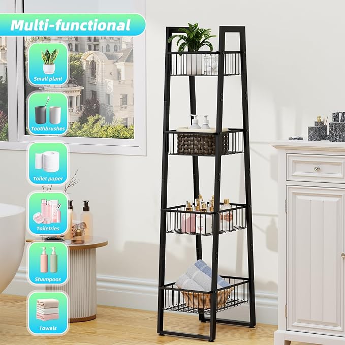 Simple Trending 4 Tier Wire Market Basket Standw, Fruit Basket Storage Stand for Vegetables, Bread, Onions, Potatoes, Black